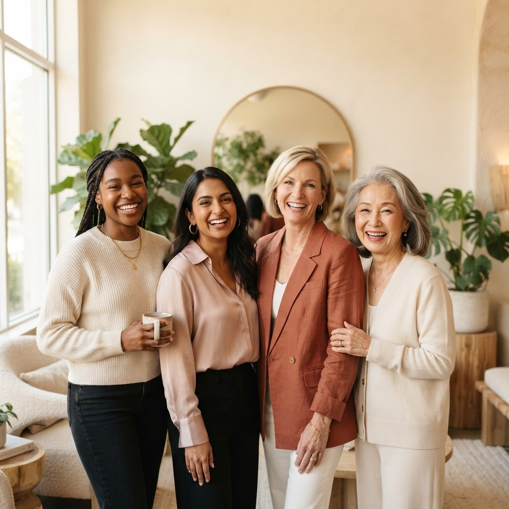 A diverse group of Snellville Rejuvenation Clinic clients of varying ages smiling together in Snellville, GA